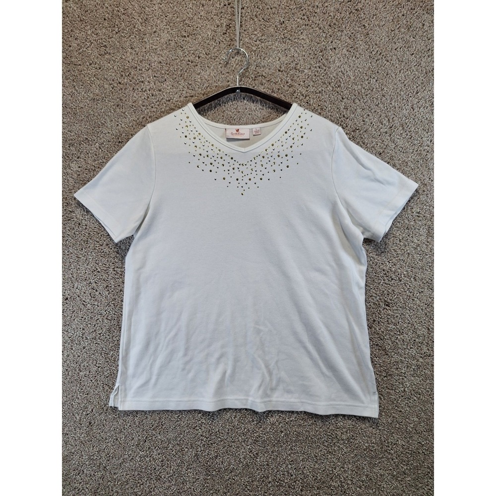 Quacker Factory T-Shirt Womens L White Spark Embellishment Short Sleeve V Neck